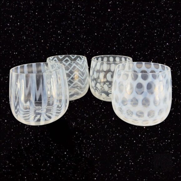 Pier 1 Opalescent White Spotted Stemless Wine Drink Glass Set 4 All Different - Picture 1 of 15